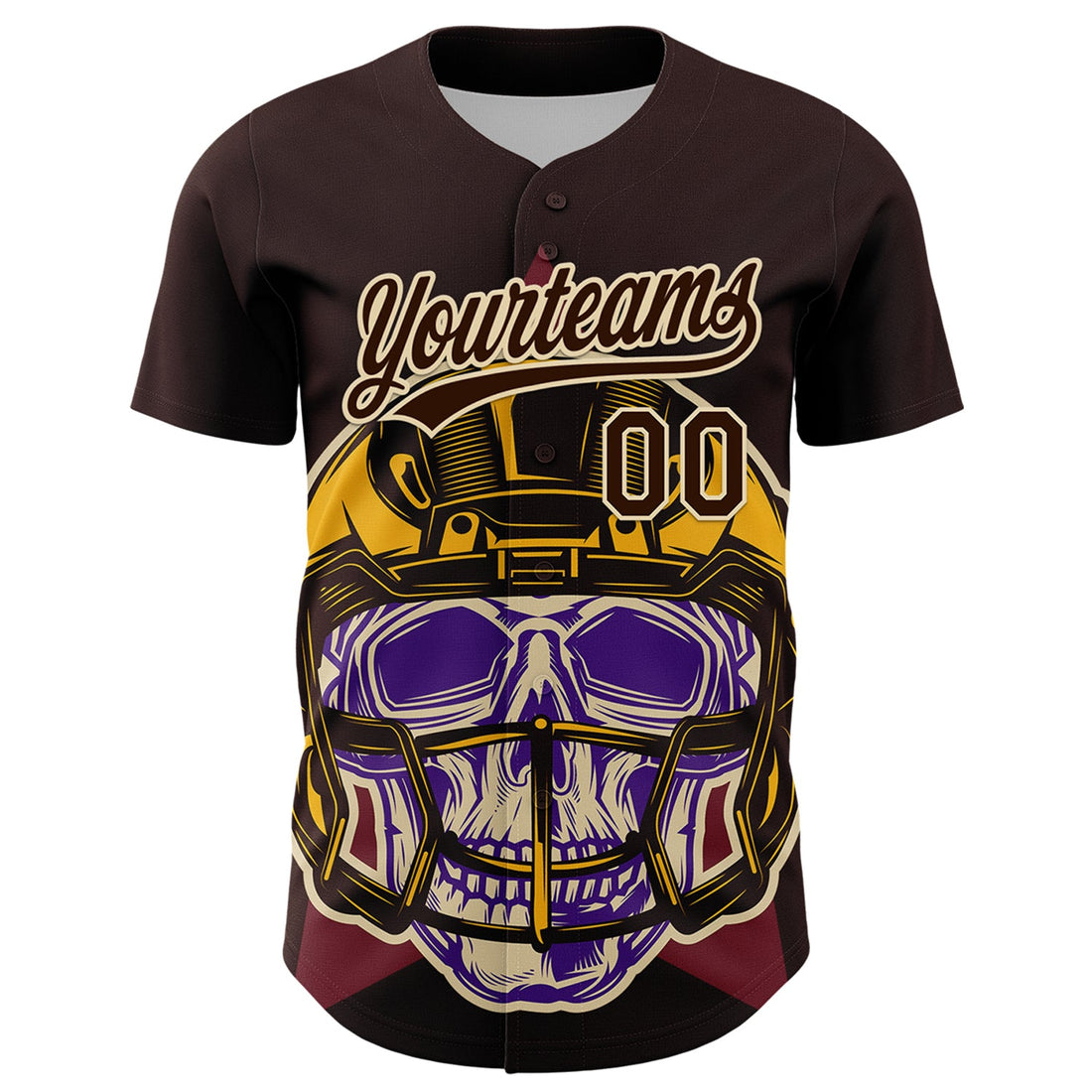 Custom Brown Cream 3D Pattern Design Football Skull Helmet Authentic Baseball Jersey