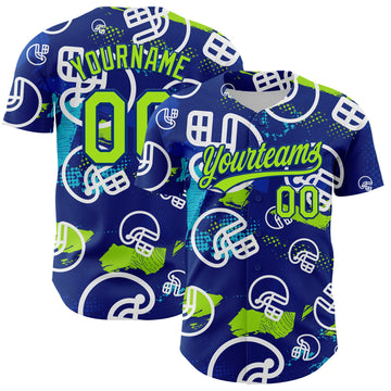 Custom Royal Neon Green-White 3D Pattern Design Football Helmet Authentic Baseball Jersey