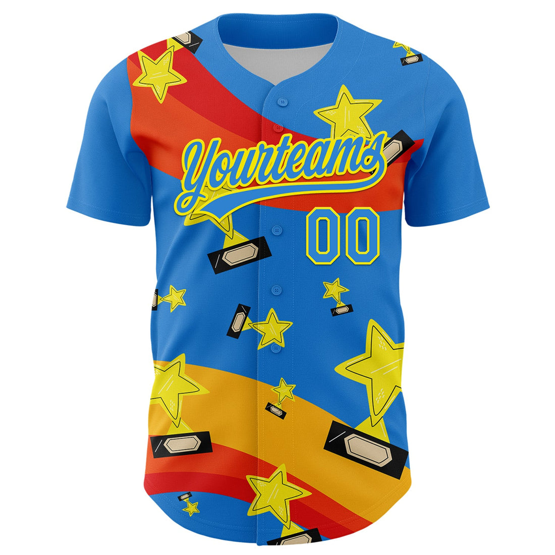 Custom Electric Blue Light Yellow 3D Pattern Design Champion Trophy Authentic Baseball Jersey