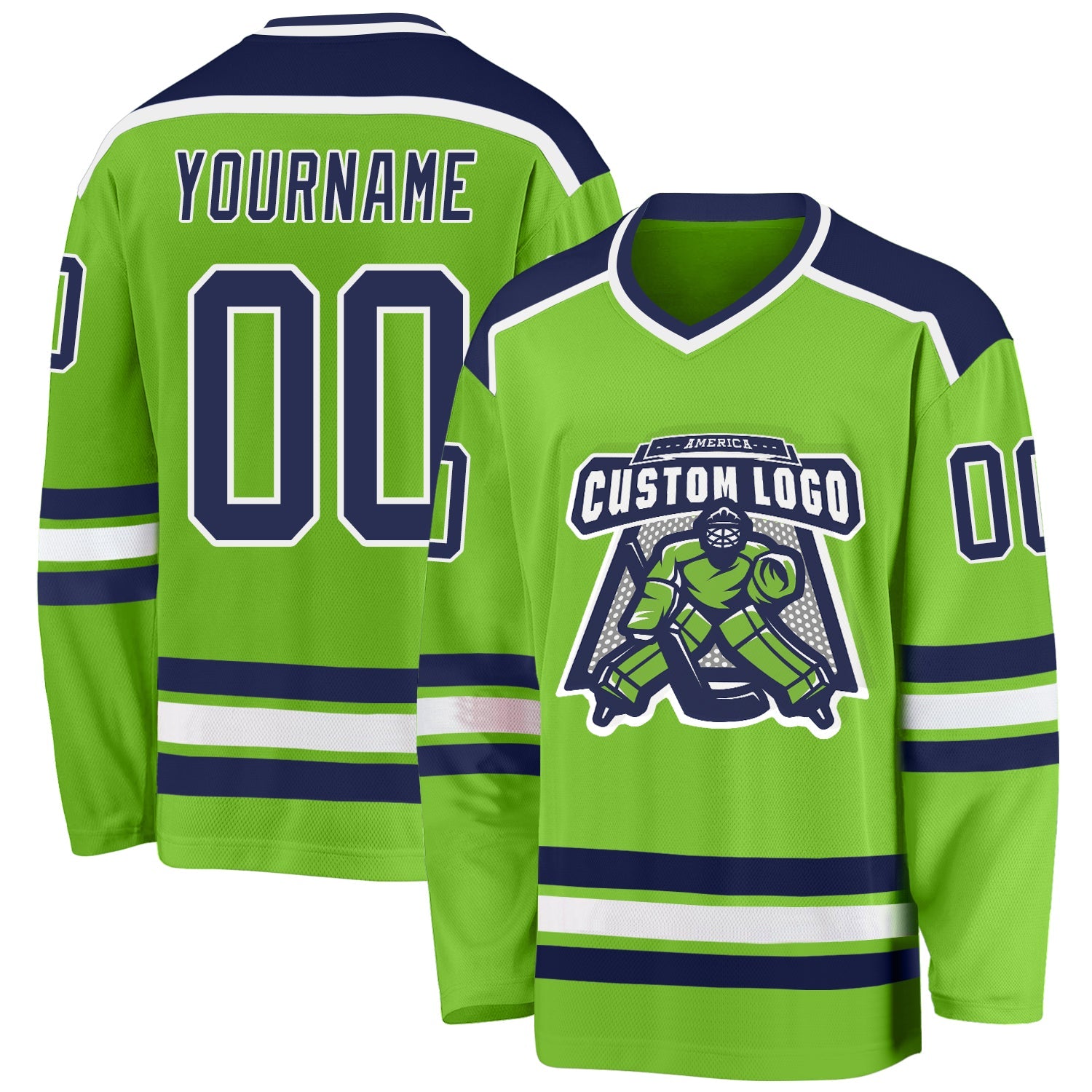 Custom Neon Green Navy-White Hockey Jersey