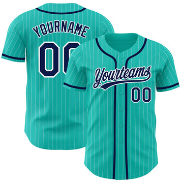 Custom Aqua White Pinstripe Navy Authentic Baseball Jersey