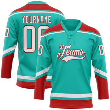 Custom Aqua White-Red Hockey Lace Neck Jersey