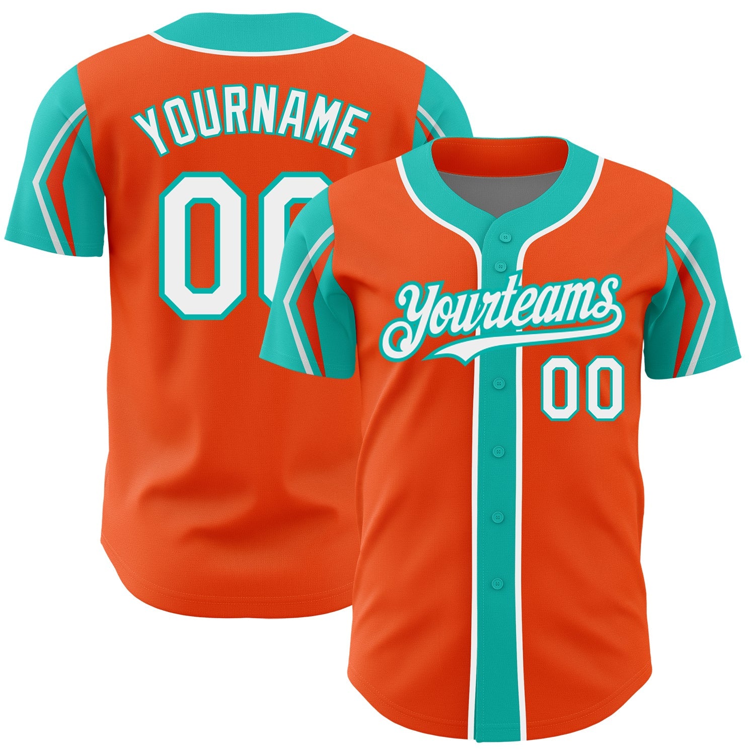 Custom Orange White-Aqua 3 Colors Arm Shapes Authentic Baseball Jersey