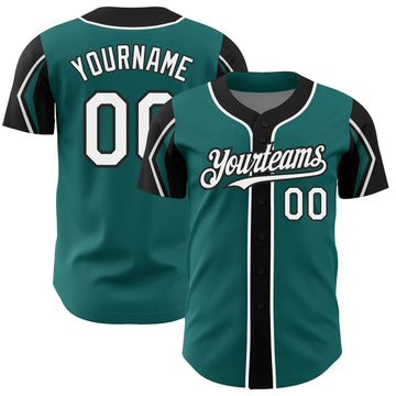 Custom Teal White-Black 3 Colors Arm Shapes Authentic Baseball Jersey