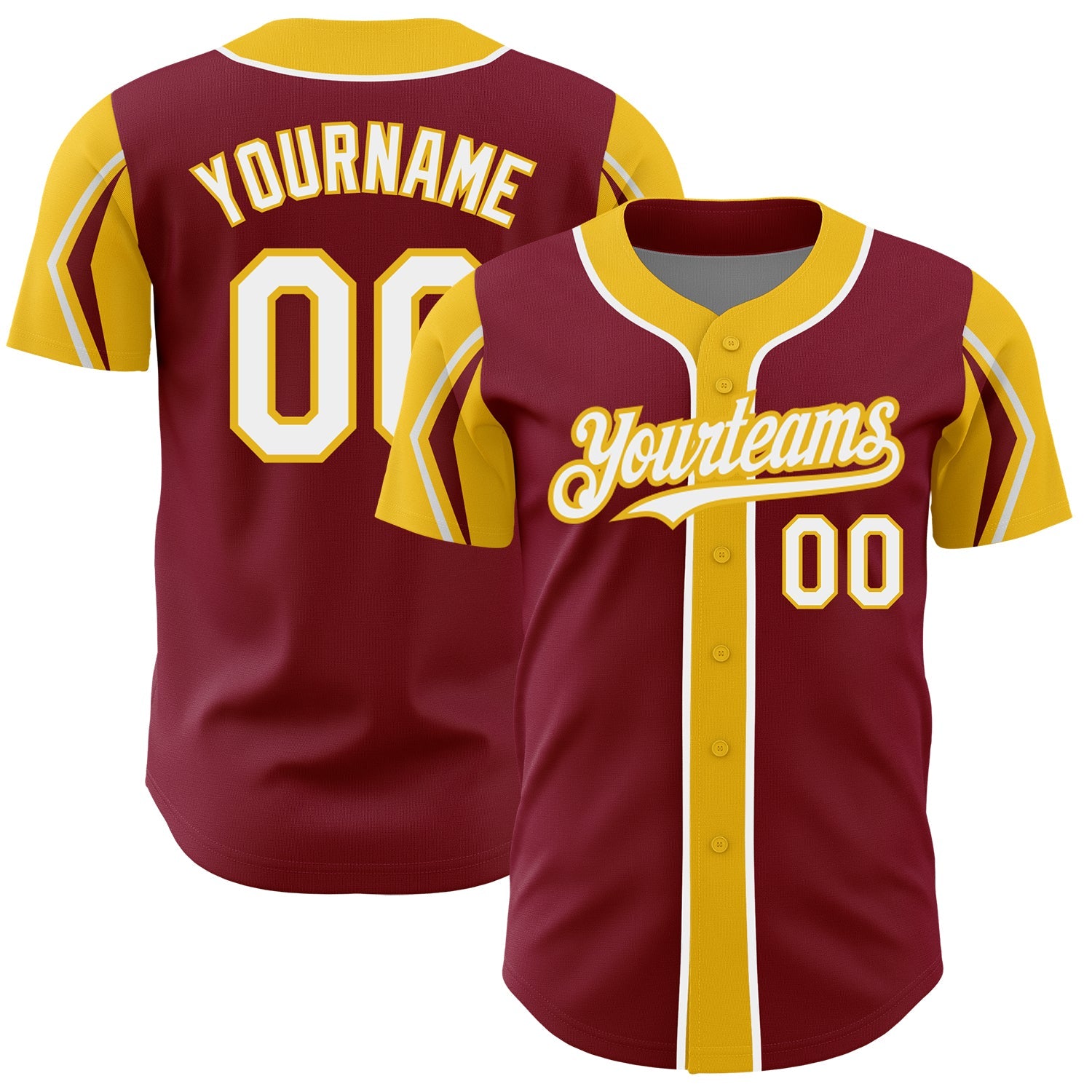 Custom Crimson White-Yellow 3 Colors Arm Shapes Authentic Baseball Jersey