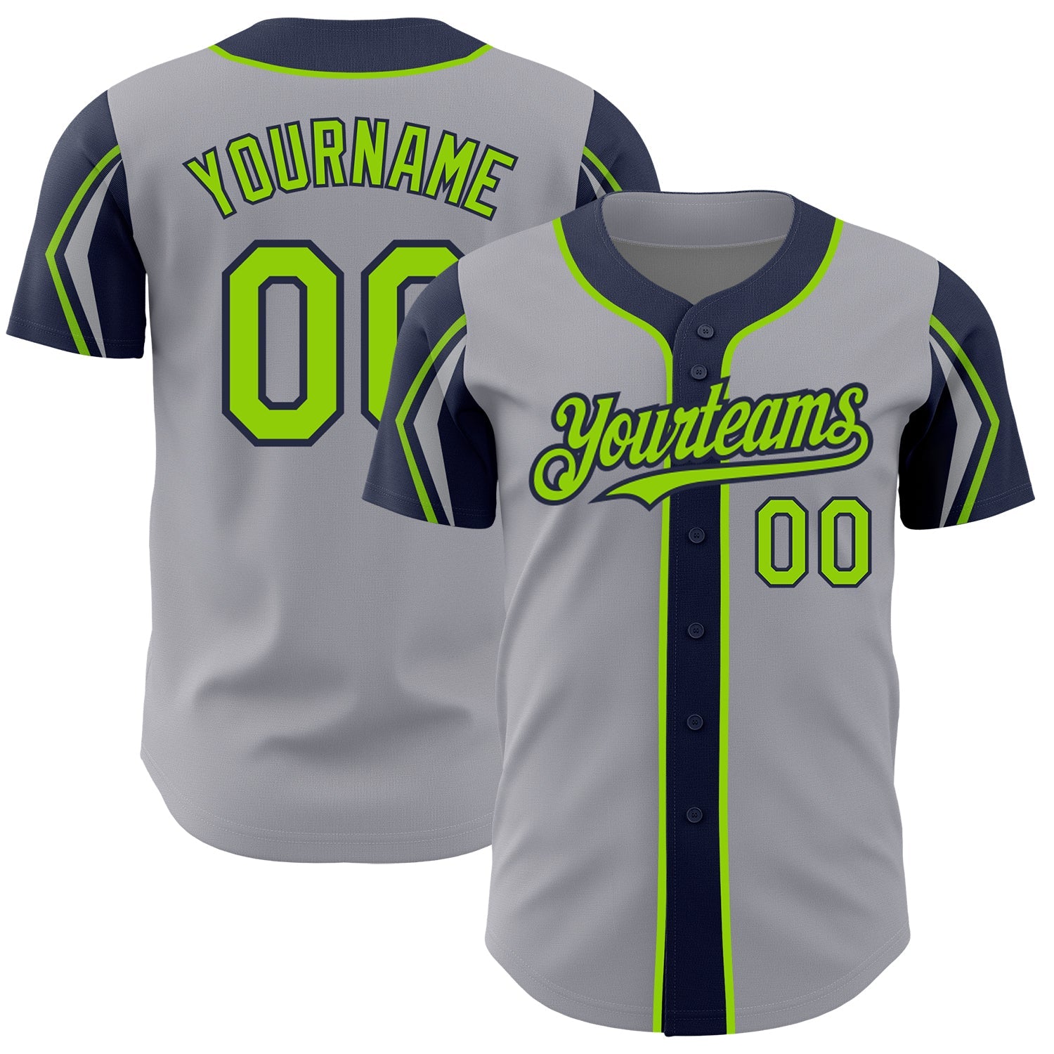 Custom Gray Neon Green-Navy 3 Colors Arm Shapes Authentic Baseball Jersey