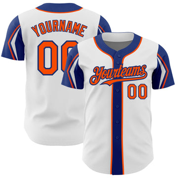 Custom White Orange-Royal 3 Colors Arm Shapes Authentic Baseball Jersey