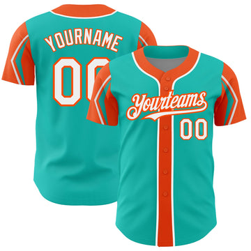 Custom Aqua White-Orange 3 Colors Arm Shapes Authentic Baseball Jersey