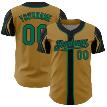 Custom Old Gold Kelly Green-Black 3 Colors Arm Shapes Authentic Baseball Jersey