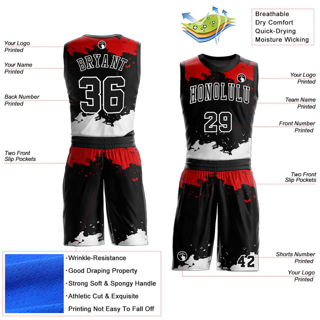 Custom Black Red-White Round Neck Sublimation Basketball Suit Jersey