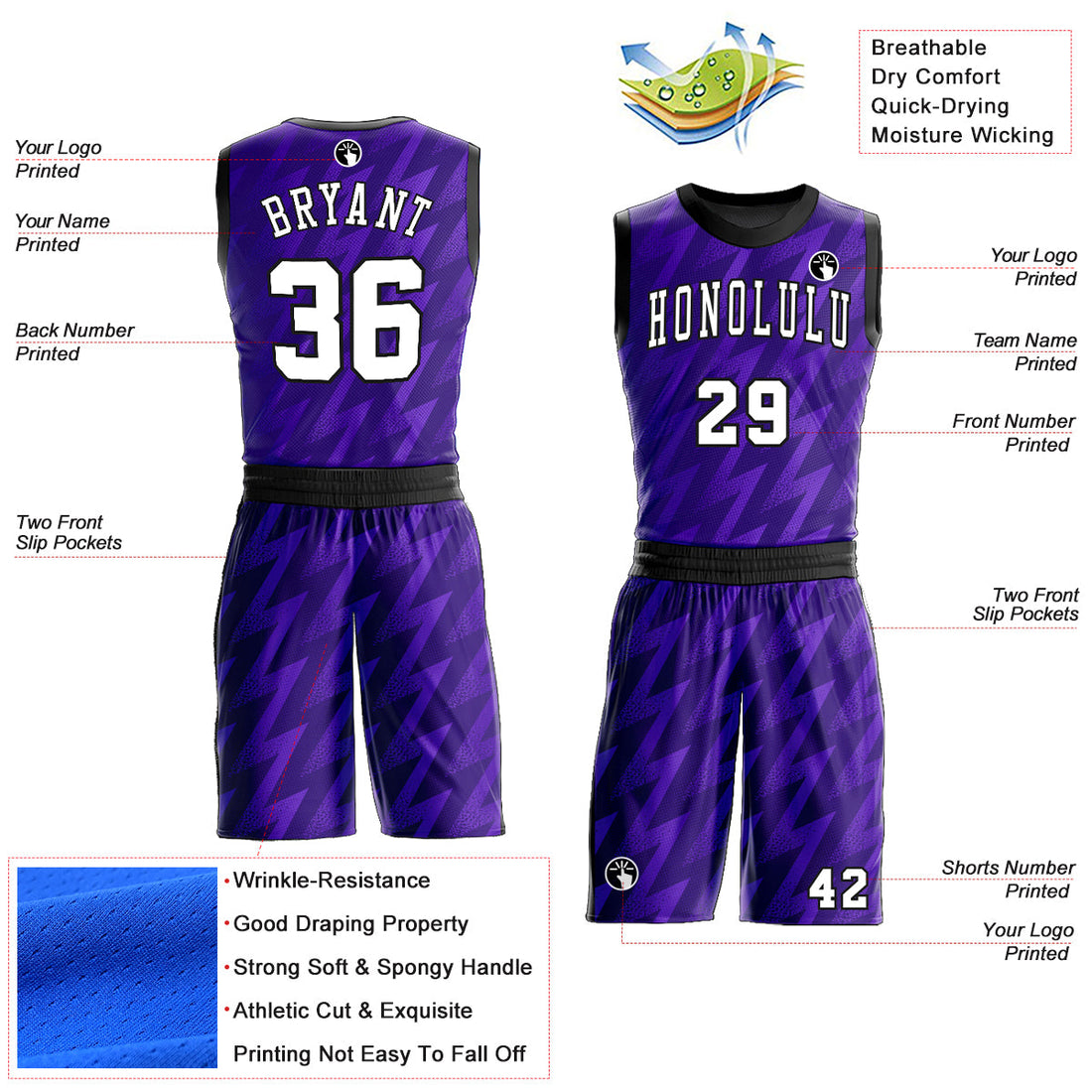 Custom Purple White-Black Round Neck Sublimation Basketball Suit Jersey