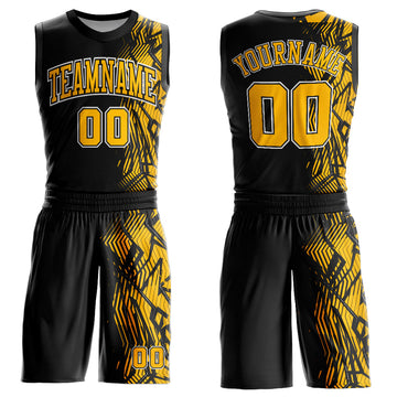 Custom Black Gold-White Round Neck Sublimation Basketball Suit Jersey