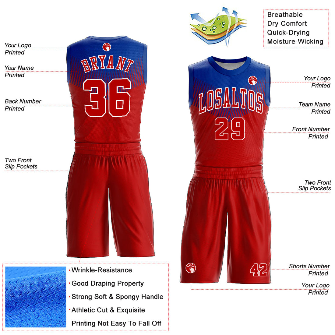 Custom Red Royal-White Round Neck Sublimation Basketball Suit Jersey