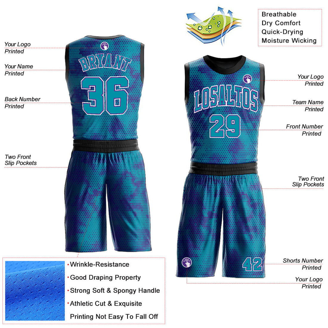 Custom Teal Purple-White Round Neck Sublimation Basketball Suit Jersey