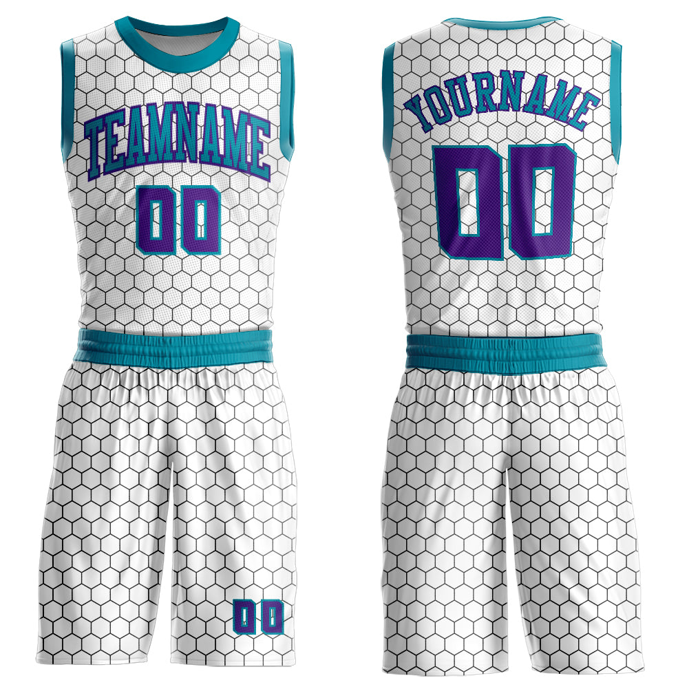 Custom White Purple-Teal Round Neck Sublimation Basketball Suit Jersey