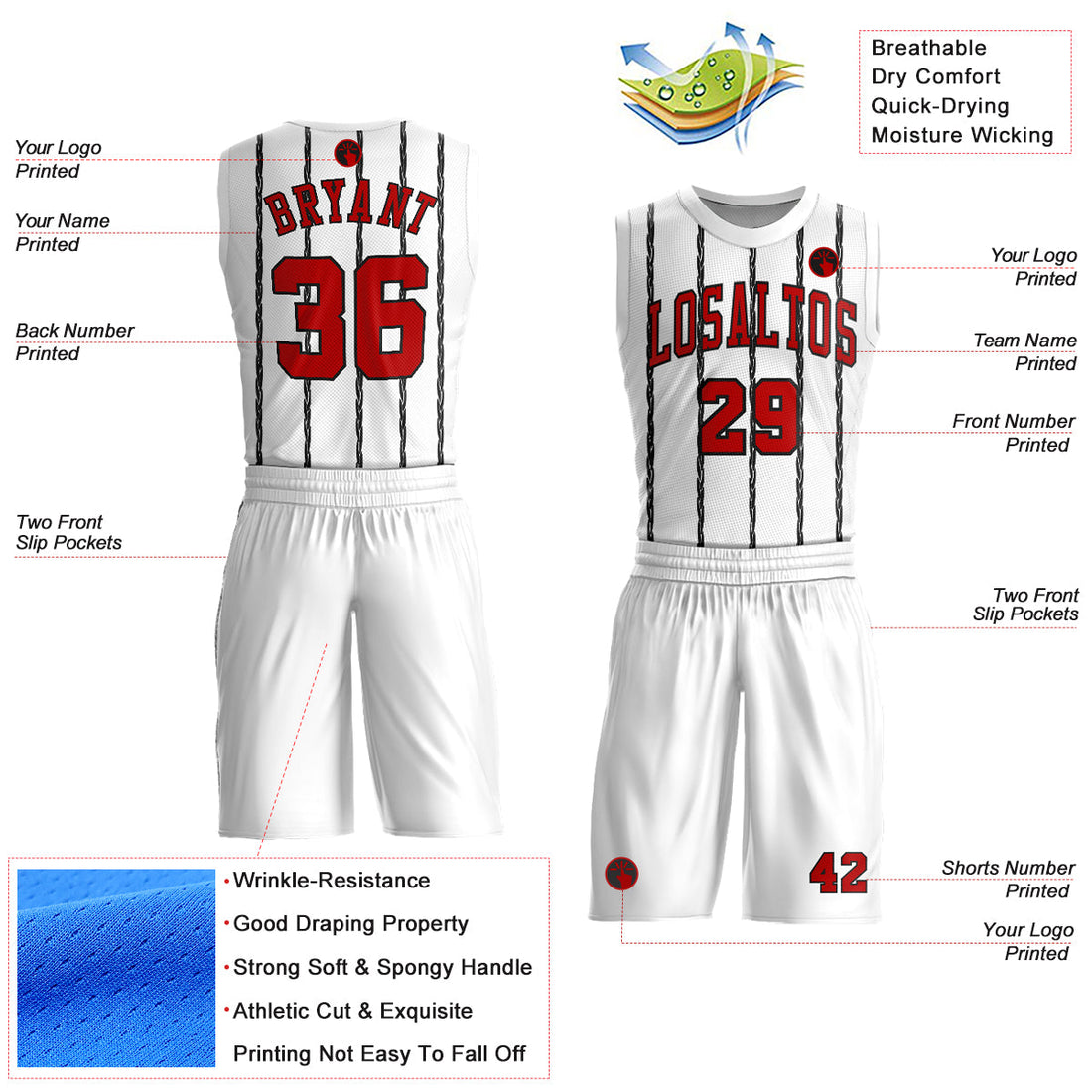 Custom White Red-Black Round Neck Sublimation Basketball Suit Jersey