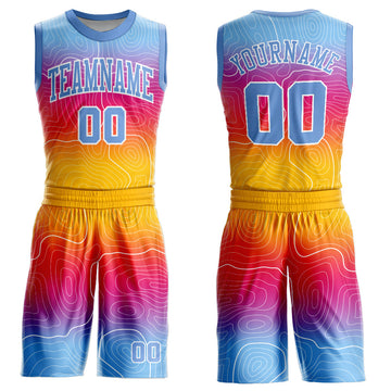 Custom Gold Light Blue-White Round Neck Sublimation Basketball Suit Jersey