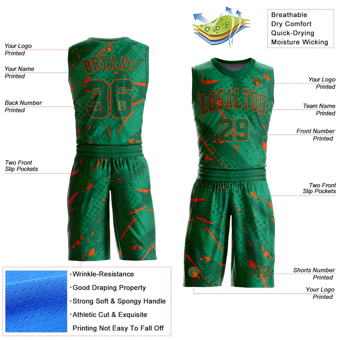 Custom Green Orange Bright Lines Round Neck Sublimation Basketball Suit Jersey