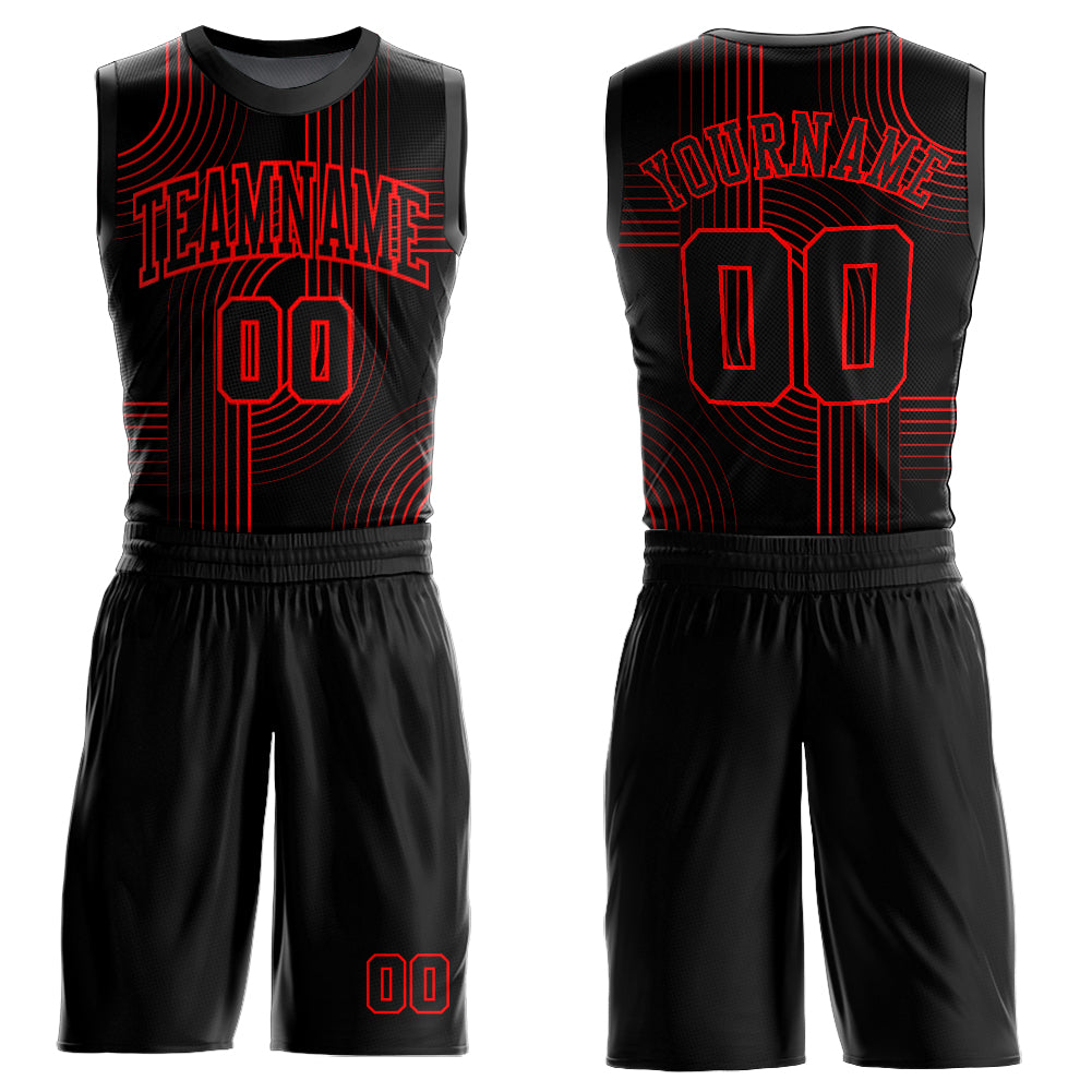 Custom Black Red Tracks Round Neck Sublimation Basketball Suit Jersey