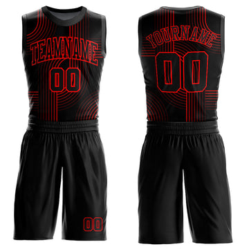 Custom Black Red Tracks Round Neck Sublimation Basketball Suit Jersey