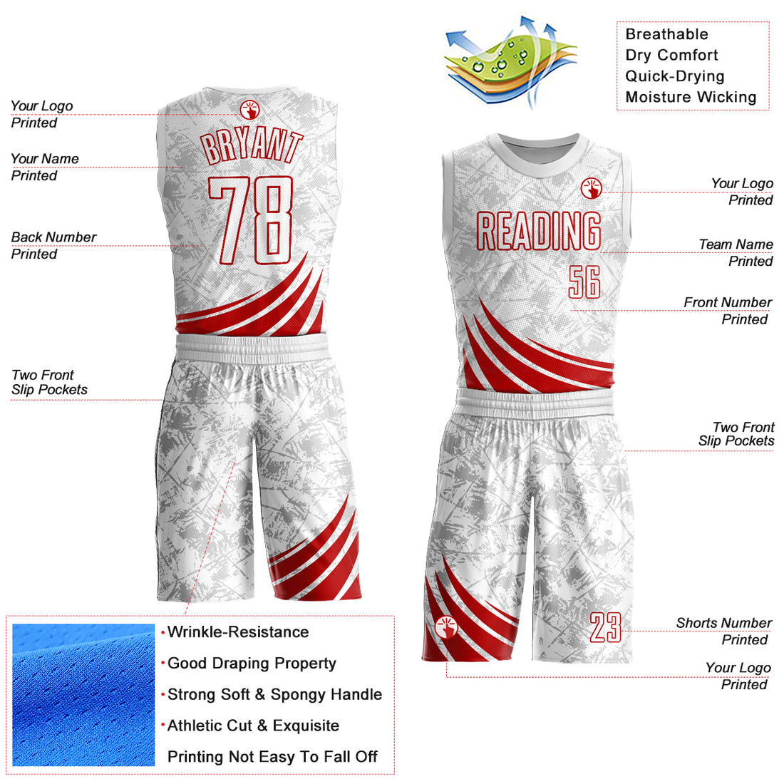 Custom White Red Wind Shapes Round Neck Sublimation Basketball Suit Jersey