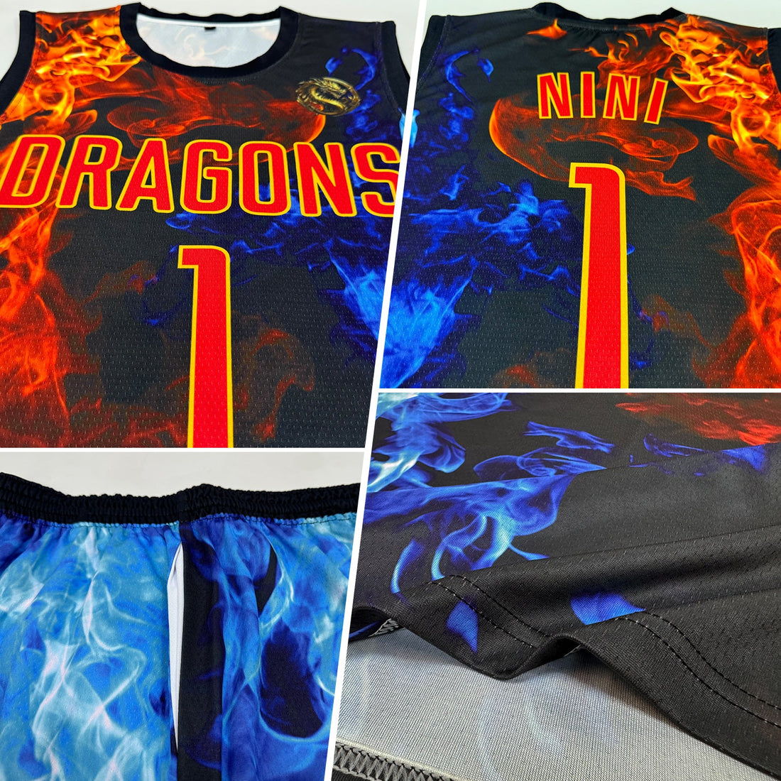 Custom Figure Red-Gold Flame Round Neck Sublimation Basketball Suit Jersey