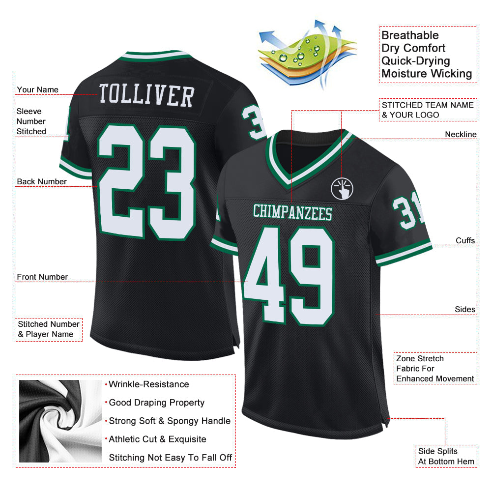 Custom Black White-Kelly Green Mesh Authentic Throwback Football Jersey