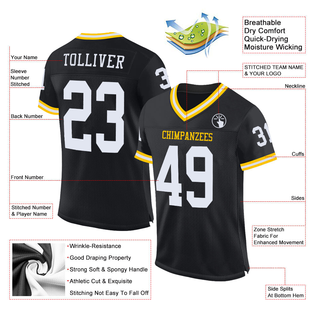 Custom Black White-Gold Mesh Authentic Throwback Football Jersey