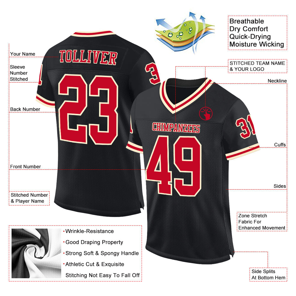 Custom Black Red-Cream Mesh Authentic Throwback Football Jersey