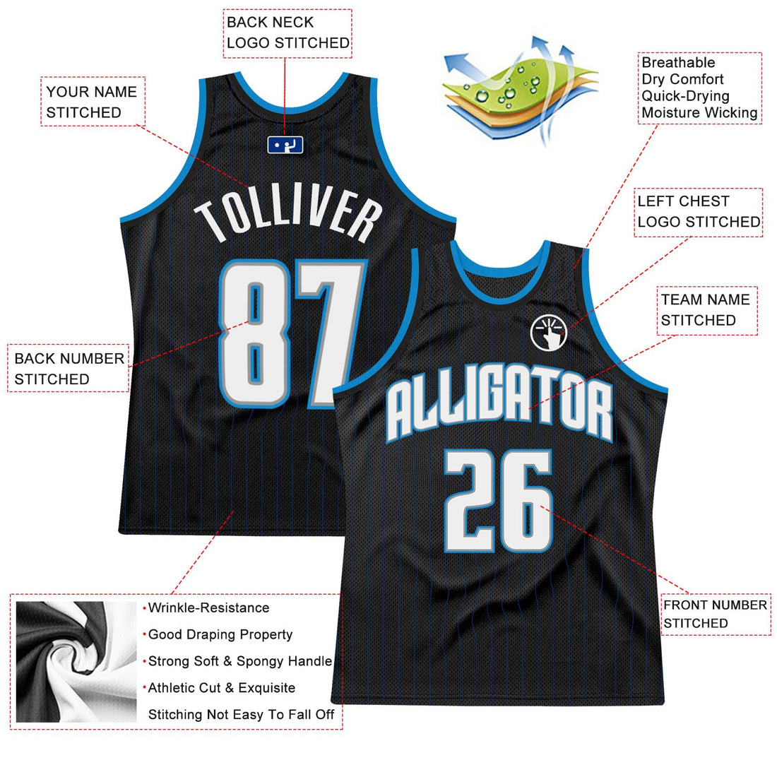 Custom Black Royal Pinstripe White-Blue Authentic Basketball Jersey