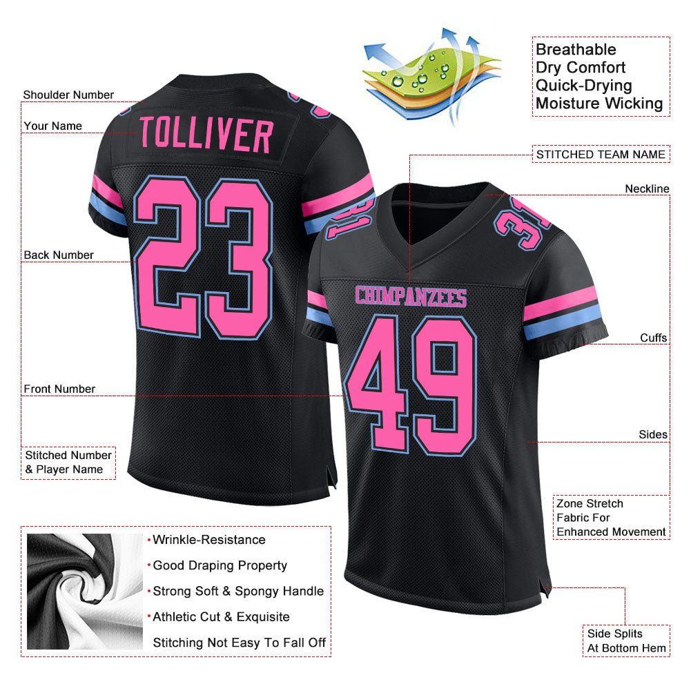 Custom Black Pink-Light Blue Mesh Authentic Football Jersey