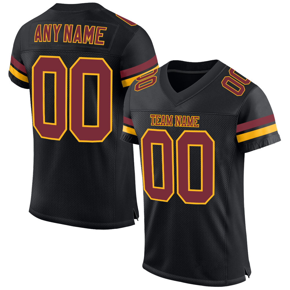 Custom Black Burgundy-Gold Mesh Authentic Football Jersey