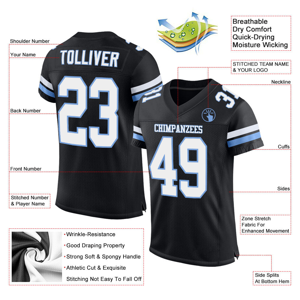 Custom Black White-Light Blue Mesh Authentic Football Jersey