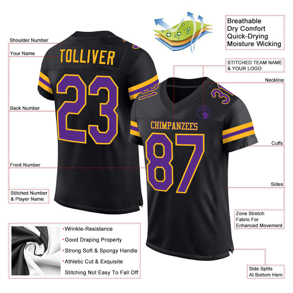 Custom Black Purple-Gold Mesh Authentic Football Jersey