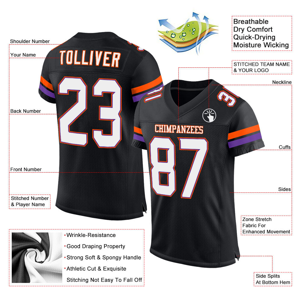 Custom Black White-Orange Mesh Authentic Football Jersey