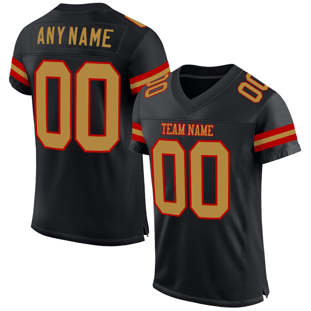 Custom Black Old Gold-Red Mesh Authentic Football Jersey