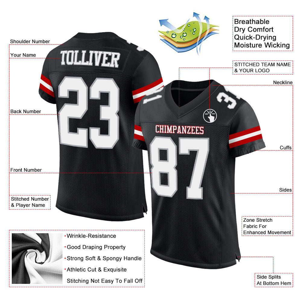 Custom Black White-Gray Mesh Authentic Football Jersey