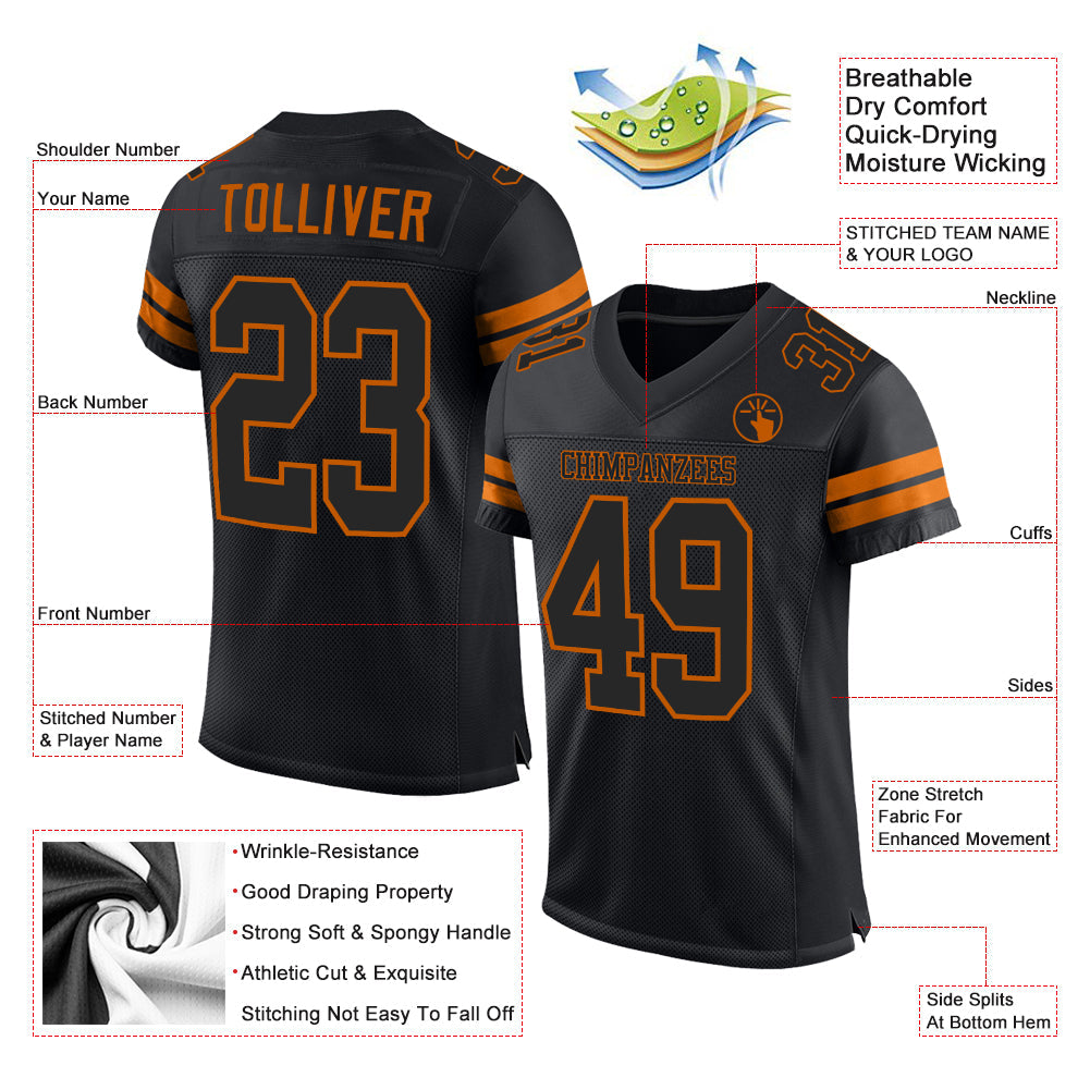 Custom Black Black-Texas Orange Mesh Authentic Football Jersey