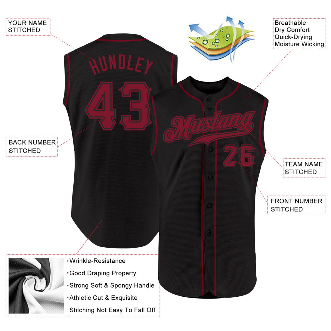 Custom Black Crimson Authentic Sleeveless Baseball Jersey