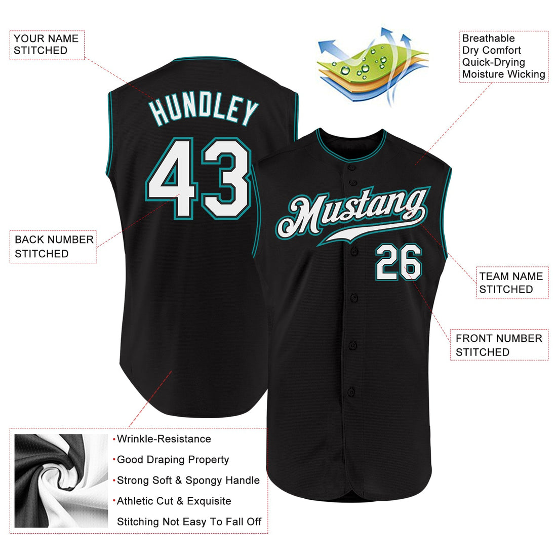 Custom Black White-Teal Authentic Sleeveless Baseball Jersey