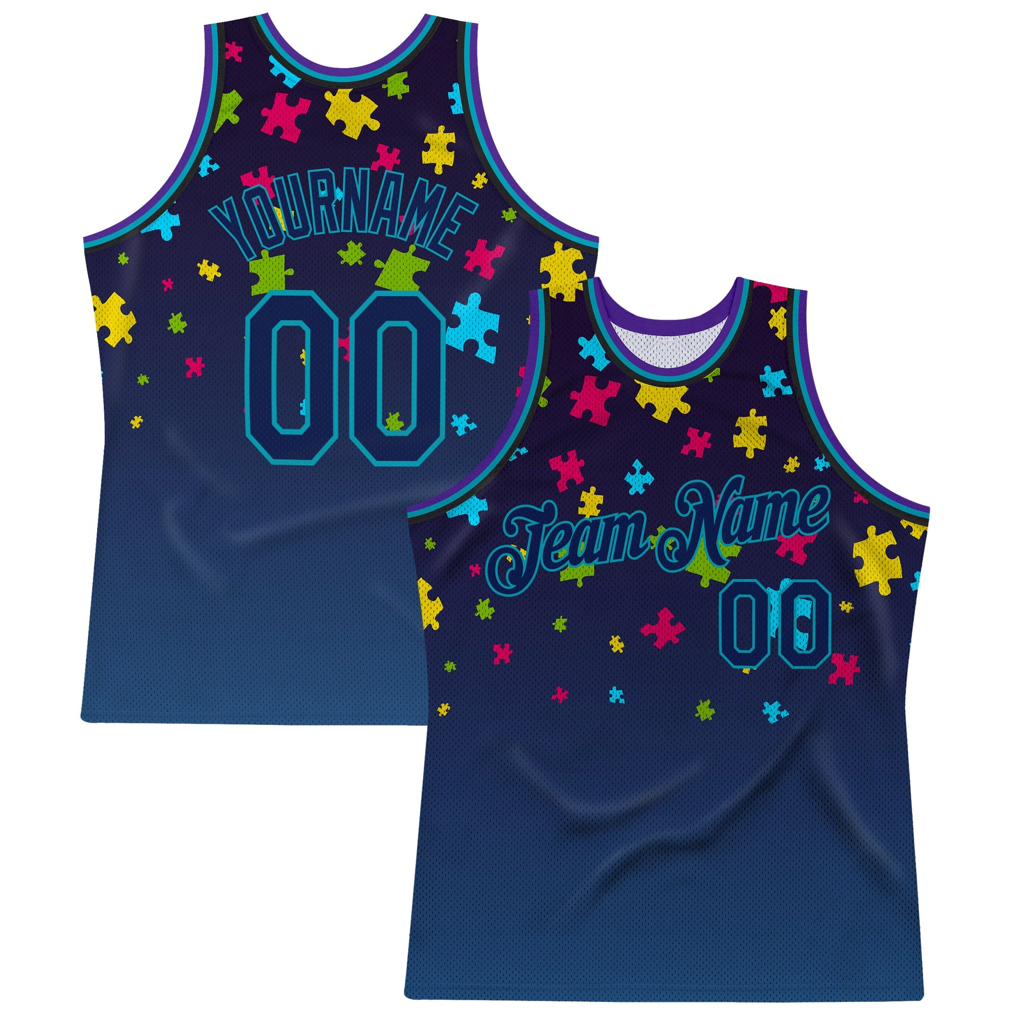 Custom Black Navy-Teal 3D Pattern Design Autism Awareness Puzzle Pieces Authentic Basketball Jersey