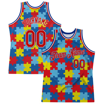 Custom Black Red-Royal 3D Pattern Design Autism Awareness Puzzle Pieces Authentic Basketball Jersey