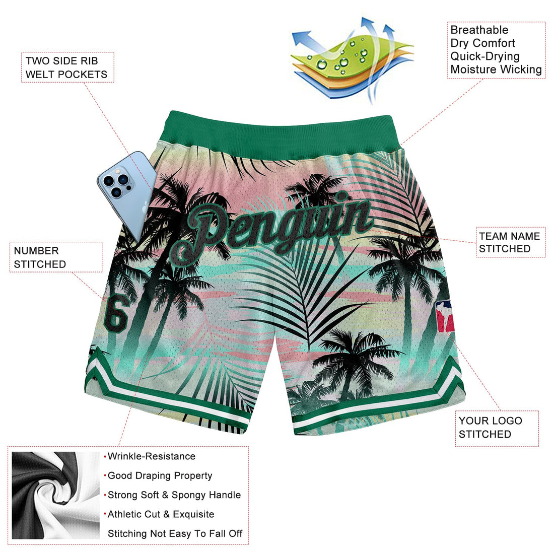 Custom Black Black-Kelly Green 3D Pattern Design Tropical Palm Leaves Authentic Basketball Shorts