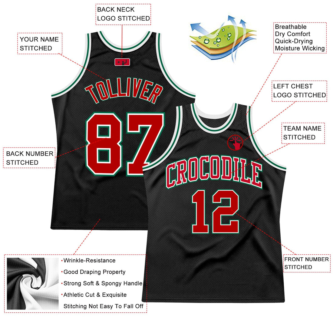 Custom Black Red-Kelly Green Authentic Throwback Basketball Jersey