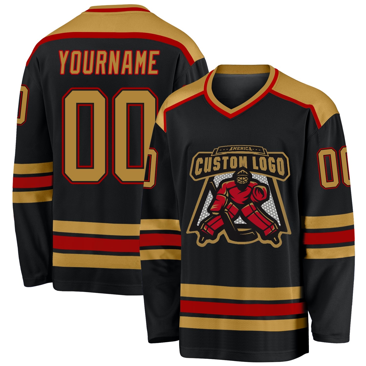 Custom Black Old Gold-Red Hockey Jersey