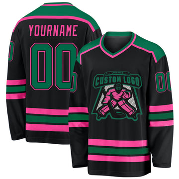 Custom Black Kelly Green-Pink Hockey Jersey