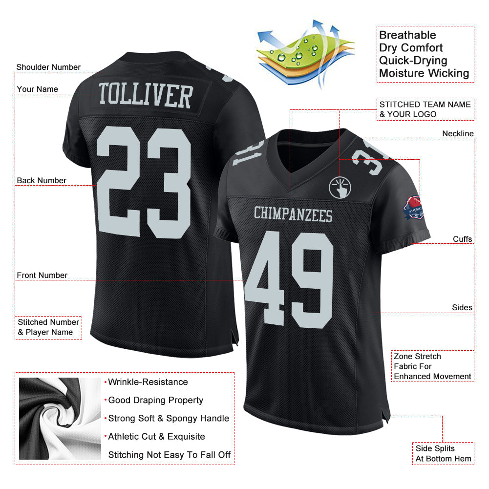 Custom Black Silver Mesh Authentic Football Jersey