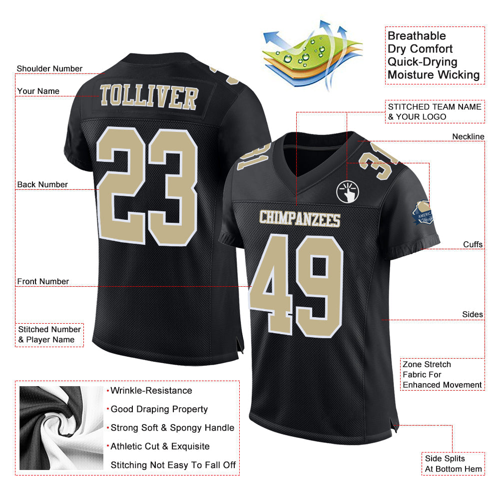 Custom Black Vegas Gold-White Mesh Authentic Football Jersey