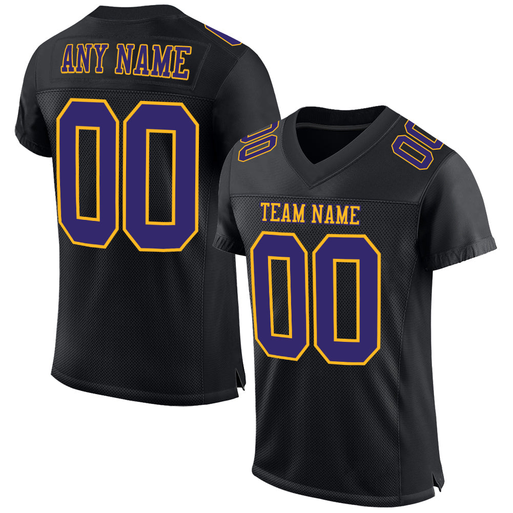 Custom Black Purple-Gold Mesh Authentic Football Jersey