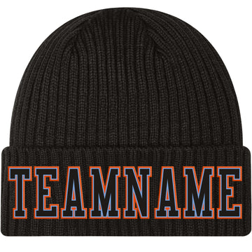 Custom Black Black Light Blue-Orange Stitched Cuffed Knit Hat